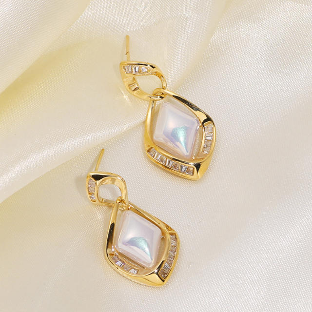 CZ pearl diamond shape clip on earrings