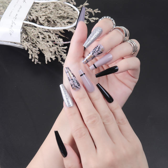 24pcs set gliter flower pattern false nails
