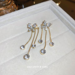 Silver needle diamond butterfly jacket earrings