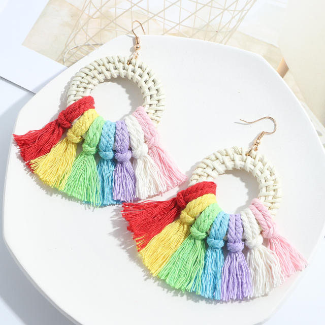 Boho handmade colorful tassel straw earrings