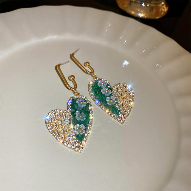 925 needle cubic zircon pave setting heart dangle earrings