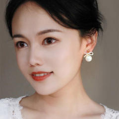 Diamond bow pearl clip on earrings drop earrings