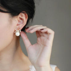 Diamond bow pearl clip on earrings drop earrings