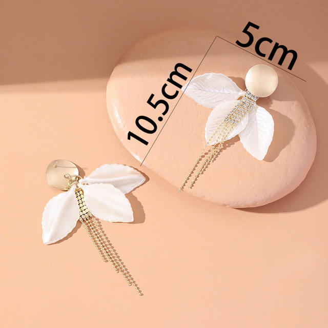 Cubic zircon tassel white leaf women earrings