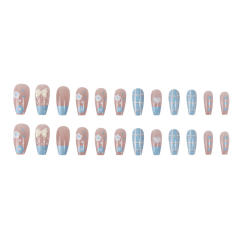 Sweet blue plaid flower false nails