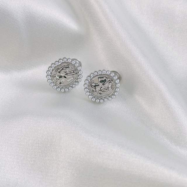 Portrait pearl beaded oval clip on earrings