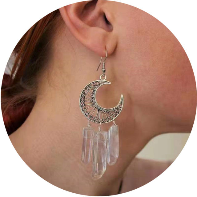 Natural clear pink crystal tassel hollow moon dangle earrings