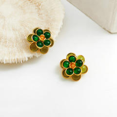 925 needle green color resin beads flower ear studs