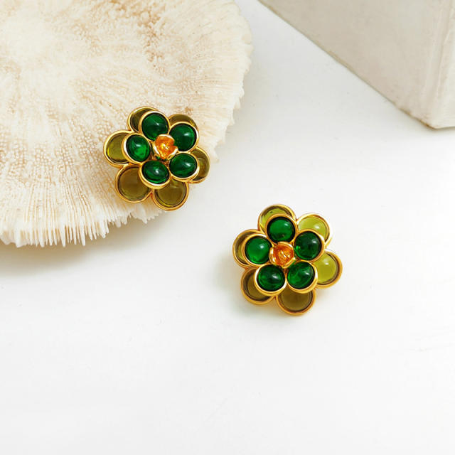 925 needle green color resin beads flower ear studs