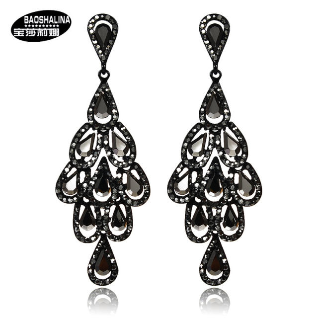 Luxury all black glass crystal dangle earrings for women