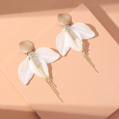 Cubic zircon tassel white leaf women earrings