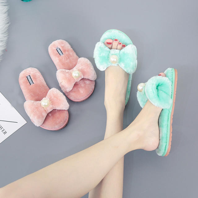 Sweet bow pearl fluffy slippers (2 size smaller)
