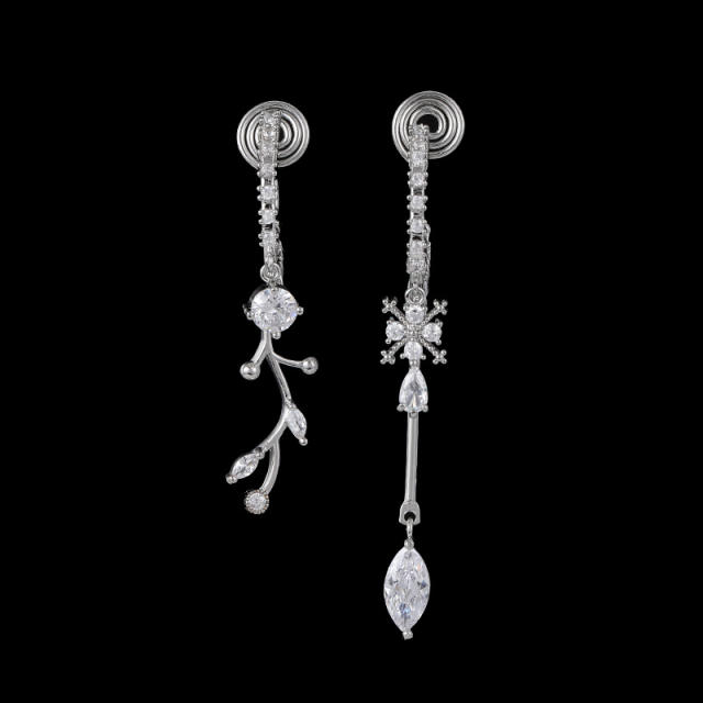 CZ leaf asymmetric clip on earrings dangle earrings