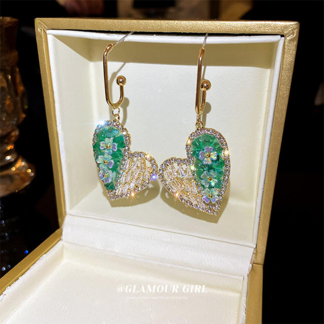 925 needle cubic zircon pave setting heart dangle earrings