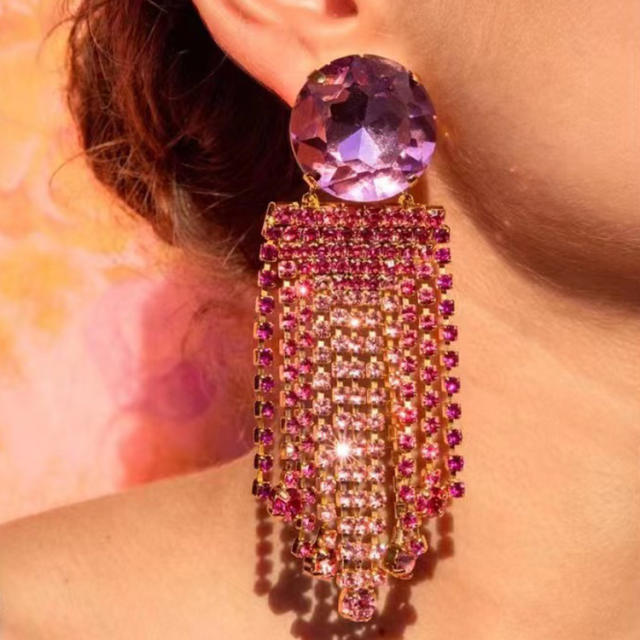 Color rhinestone tassel long earrings for women