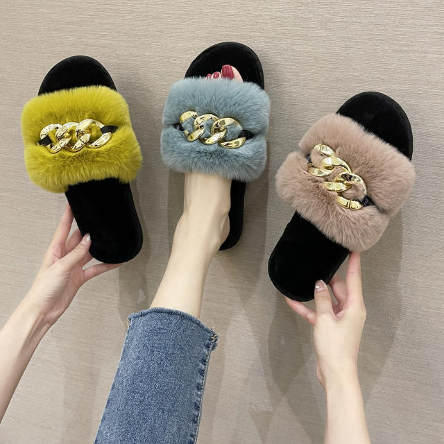 Metal chain fluffy slippers