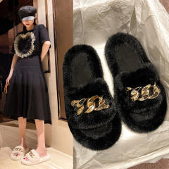 Metal chain fluffy slippers