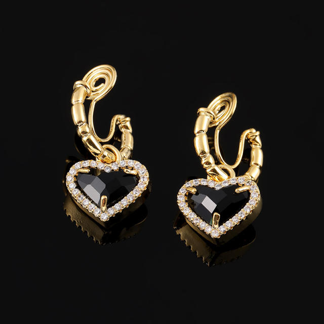 Black heart drop earrings clip on earrings