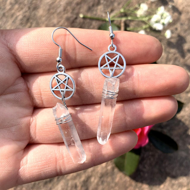 Boho natural cystal pendant hollow star dangle earrings