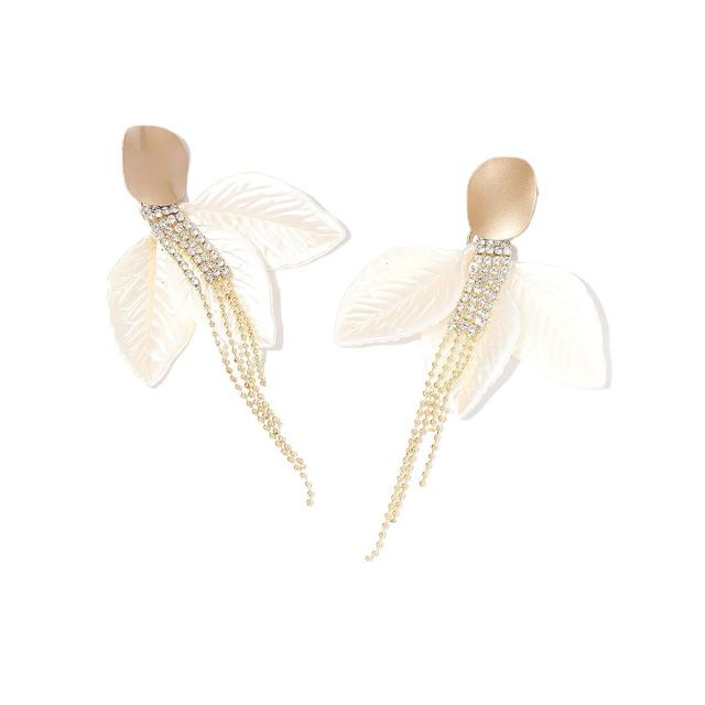 Cubic zircon tassel white leaf women earrings