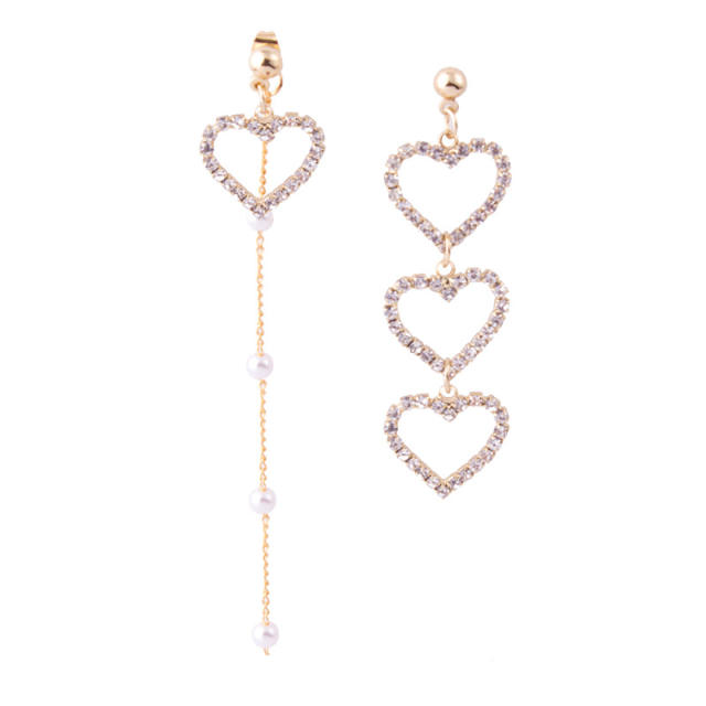 Diamond heart tassel asymmetric clip on earrings dangle earrings