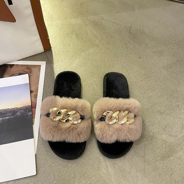 Metal chain fluffy slippers