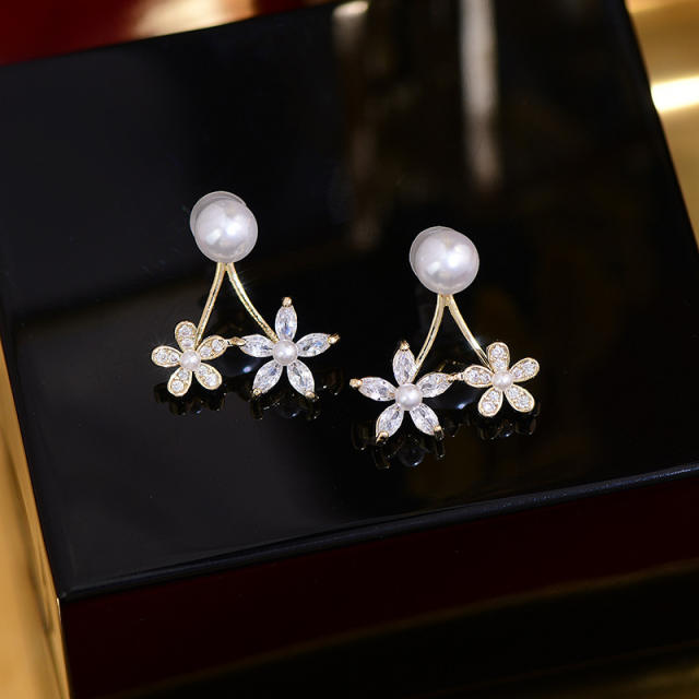 Korean fashion cubic zircon flower pearl jacket earrings