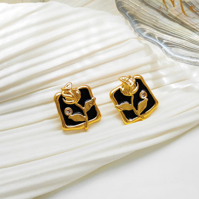 S925 sterling silver needle vintage black rose flower ear studs
