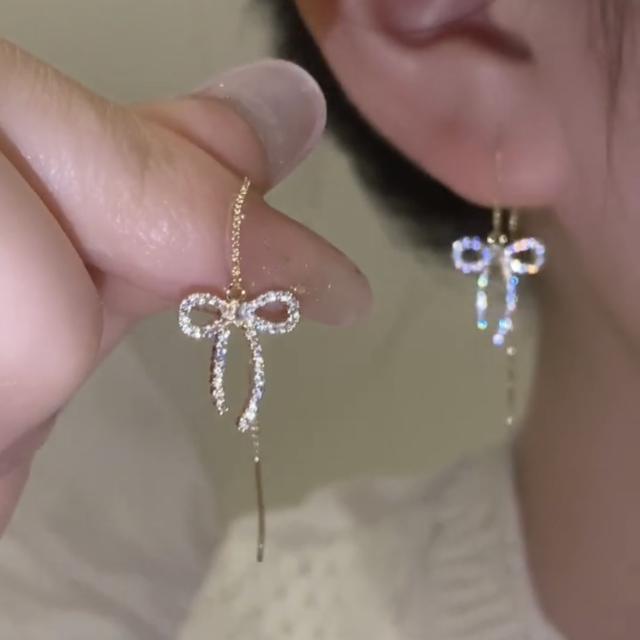 S925 sterling silver needle diamond bow threader earrings