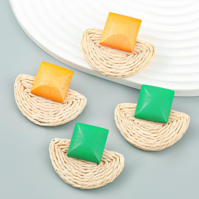 Summer geometric shape straw ear studs