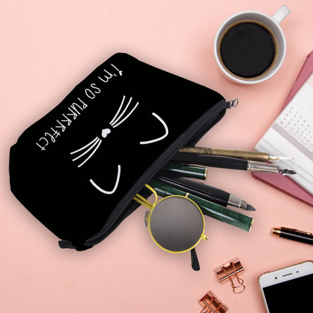 Black color kitty pattern cosmetic bag