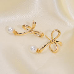Hollow bow pearl bead clip on earrings drop earrings