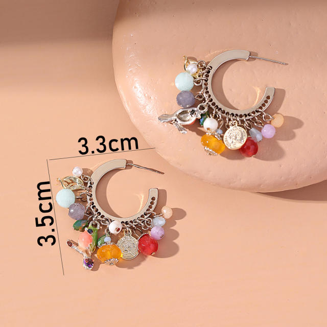 Colorful stone cyrstal cute bird tassel open hoop earrings