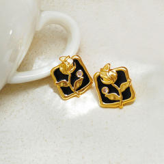 S925 sterling silver needle vintage black rose flower ear studs