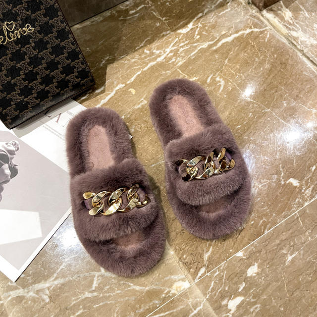 Metal chain fluffy slippers