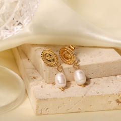 18KG pearl charm stainless steel earrings