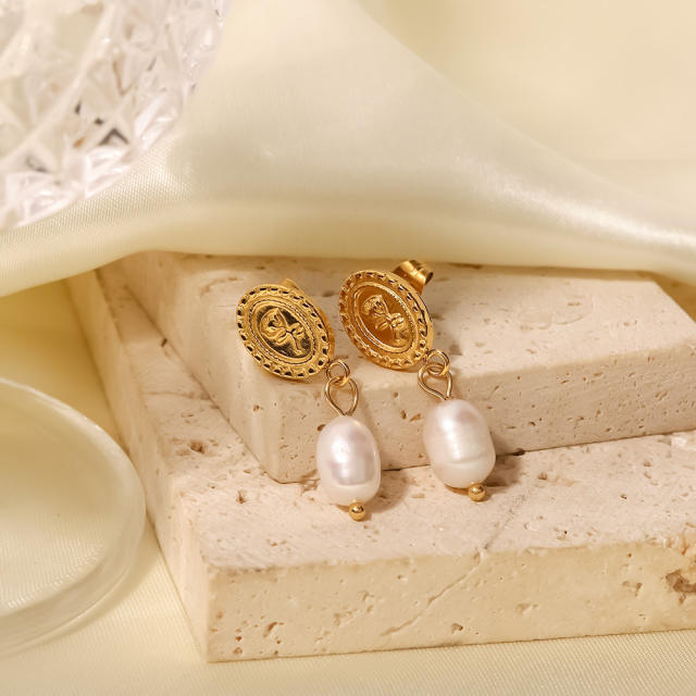 18KG pearl charm stainless steel earrings