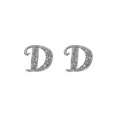 Silver needle diamond letter D ear studs