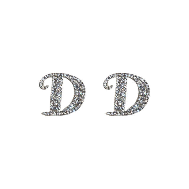 Silver needle diamond letter D ear studs