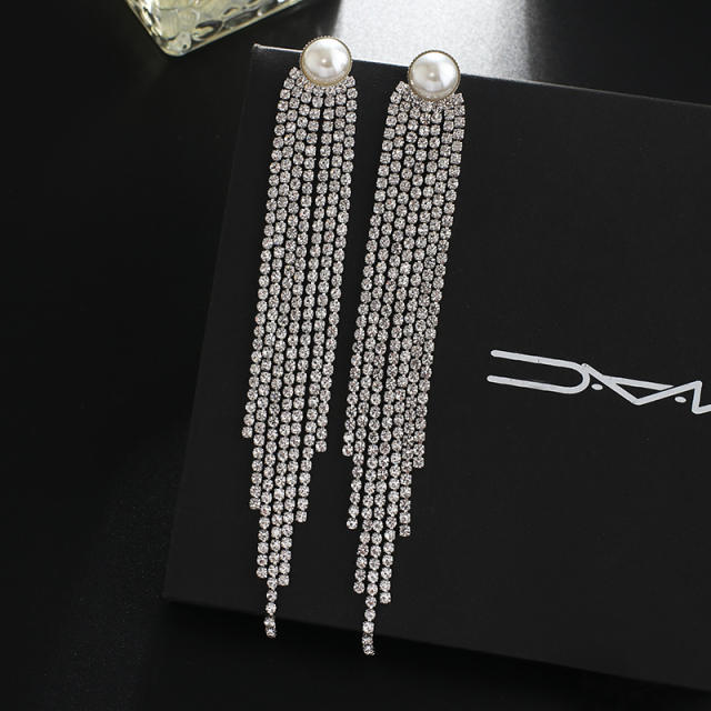 Korean fashion pearl rhinestone tassel long earrings