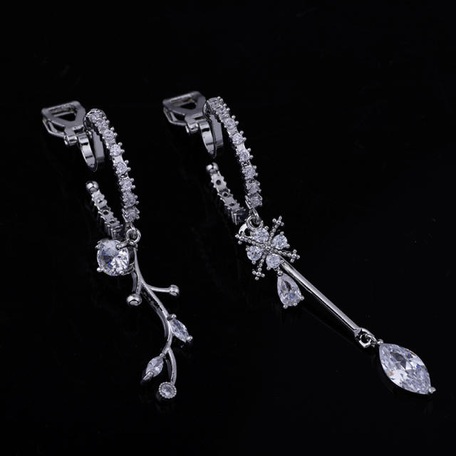 CZ leaf asymmetric clip on earrings dangle earrings