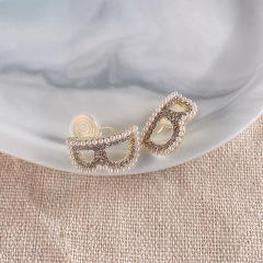 Inital B pearl rhinestone beaded clip on earrings