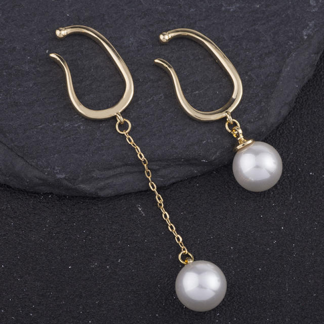 Pearl dangle earrings asymmetric clip on earrings