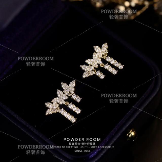 S925 sterling silver needle cubic zircon butterfly tassel earrings