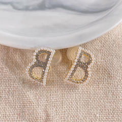 Inital B pearl rhinestone beaded clip on earrings