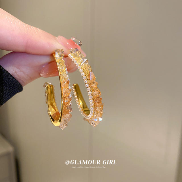 Silver needle color crytal open hoop earrings