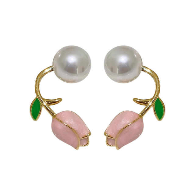 Silver Needle tulip flower pearl earrings 2022 summer new studs French hipster style all-match earrings wholesale