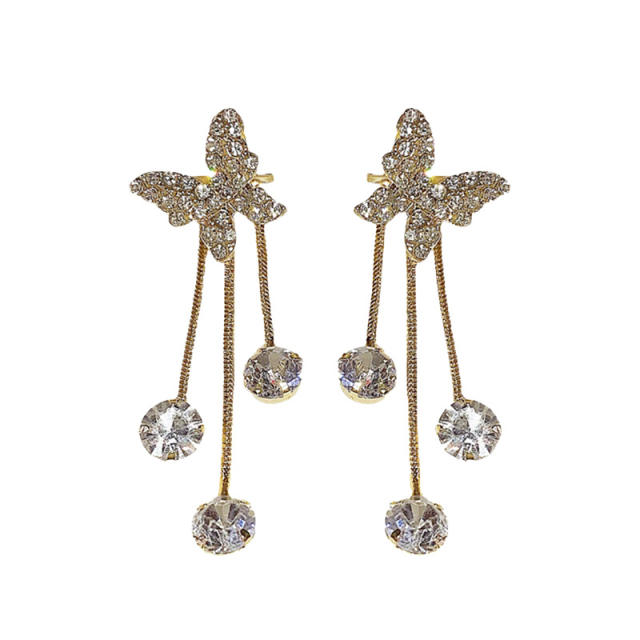 Silver needle diamond butterfly jacket earrings