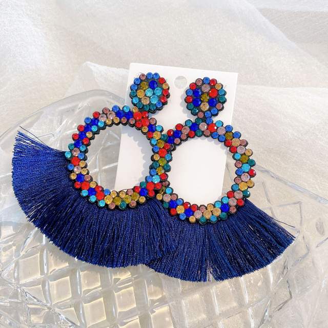 Creative rhinestone colorful rope tassel ring earrings