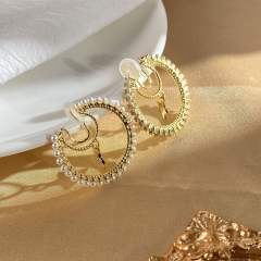 Pearl beaded CZ star hoop clip on earrings